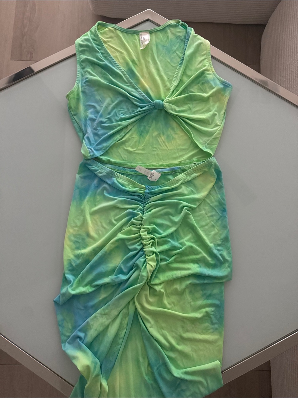 Tie-Dye Green & Blue Ruched Two-Piece Dress